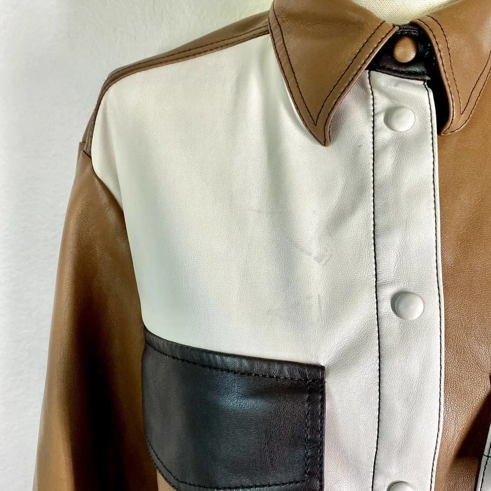SFIZIO Faux Leather Patchwork Shacket  Brown and White Women's Size M - Picture 6 of 11